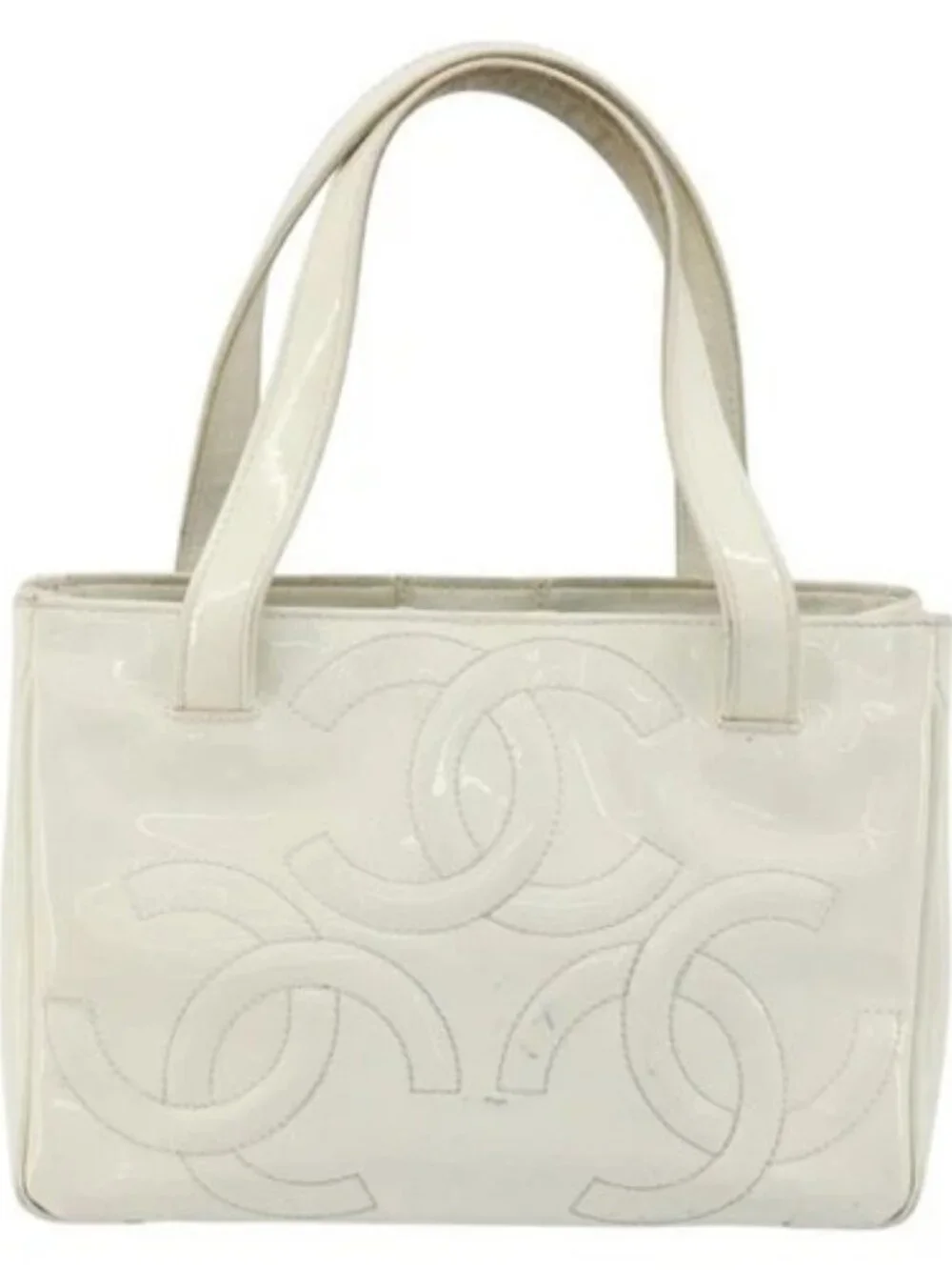 CHANEL Triple Coco Hand Bag Patent leather White CC Auth 180698